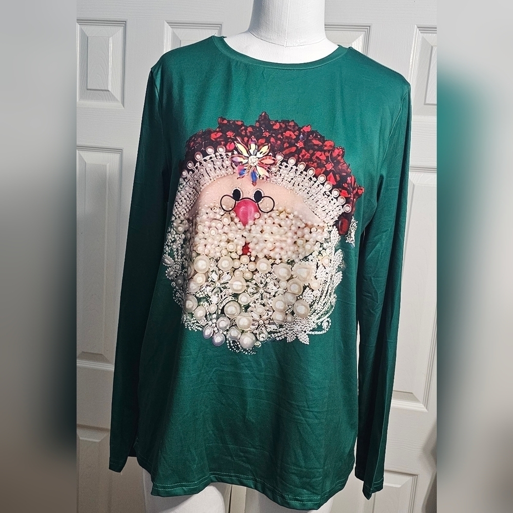 New Santa Claus Print Green Crew Neck Long Sleeve T-Shirt Medium